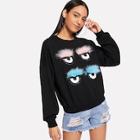Shein Faux Fur Contrast Eyes Print Pullover