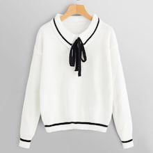 Shein Bow Front Striped Trim Sweater