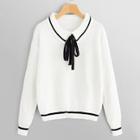 Shein Bow Front Striped Trim Sweater
