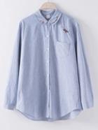 Shein Blue Striped Embroidered Curved Hem Shirt