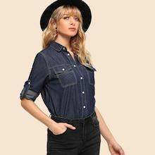 Shein Stitch Detail Roll Up Sleeve Denim Shirt
