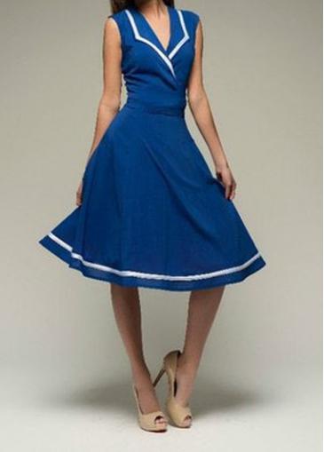 Rosewe Blue Turndown Collar Sleeveless Knee Length Dress