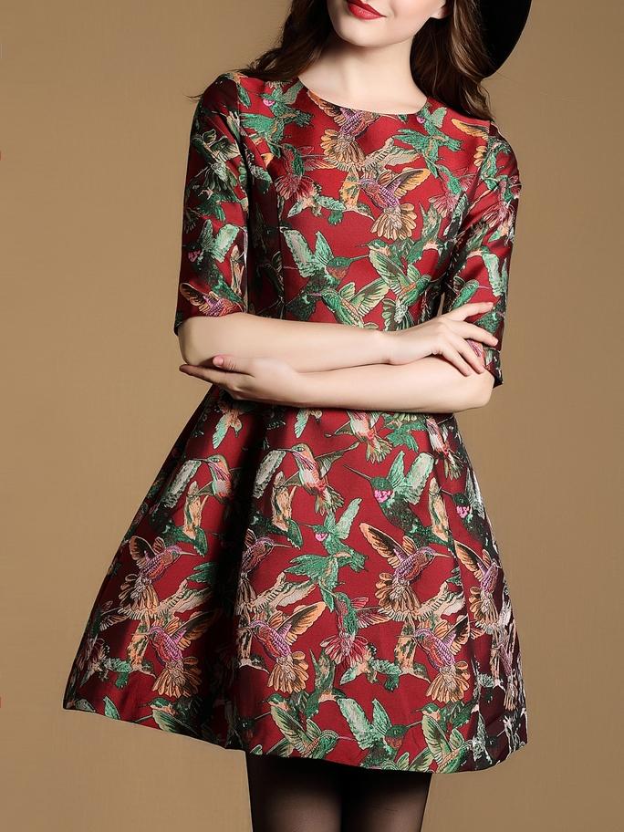 Shein Red Birds Print A-line Dress