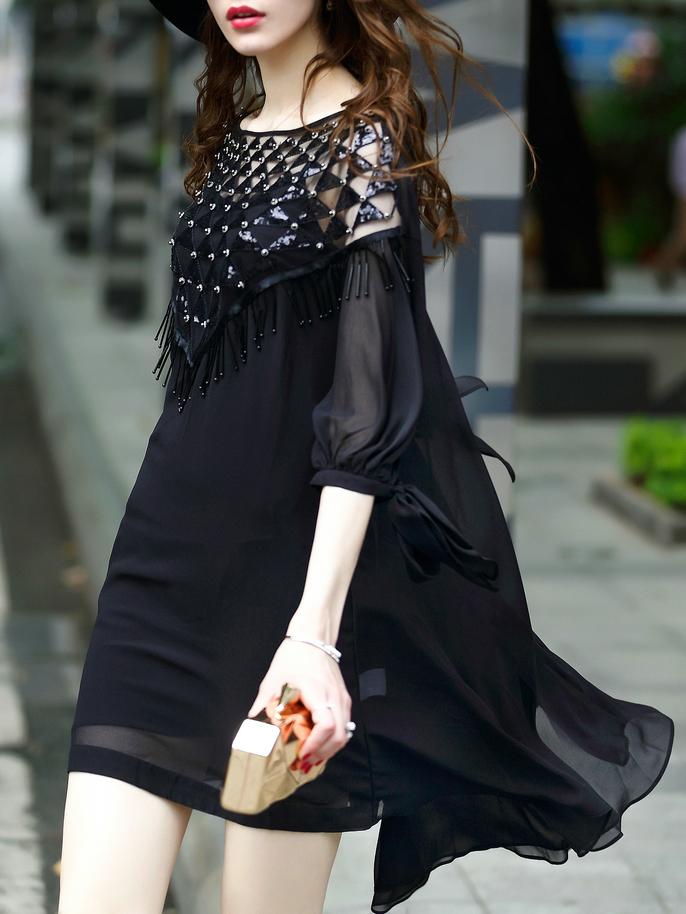 Shein Open Shoulder Sheer Beading Dress