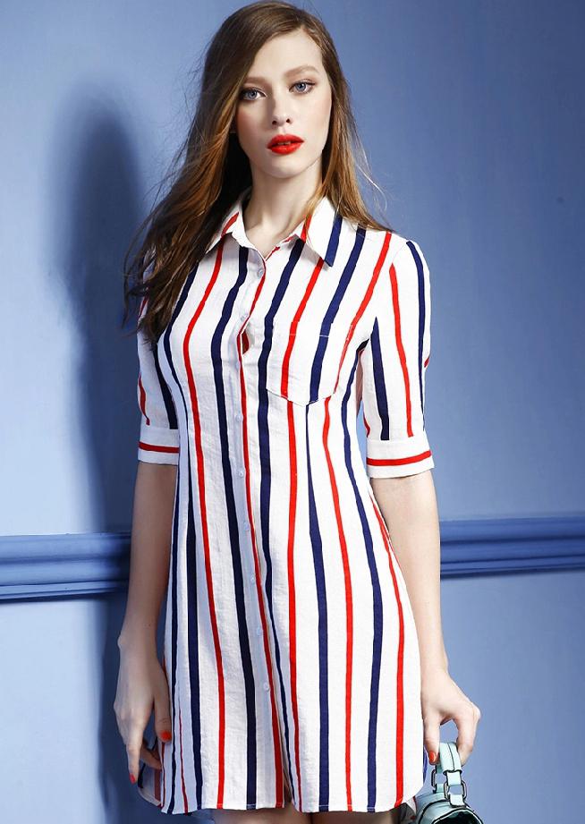 Shein Red Blue Collars Half Sleeve Vertical Stripe Shirt Dress