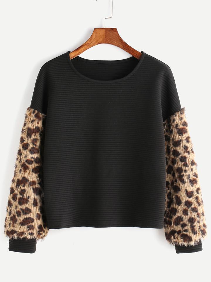 Shein Black Ribbed Sweatshirt With Leopard Faux Fur Sleeve
