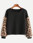 Shein Black Ribbed Sweatshirt With Leopard Faux Fur Sleeve