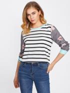 Shein Floral Sleeve Striped Tee