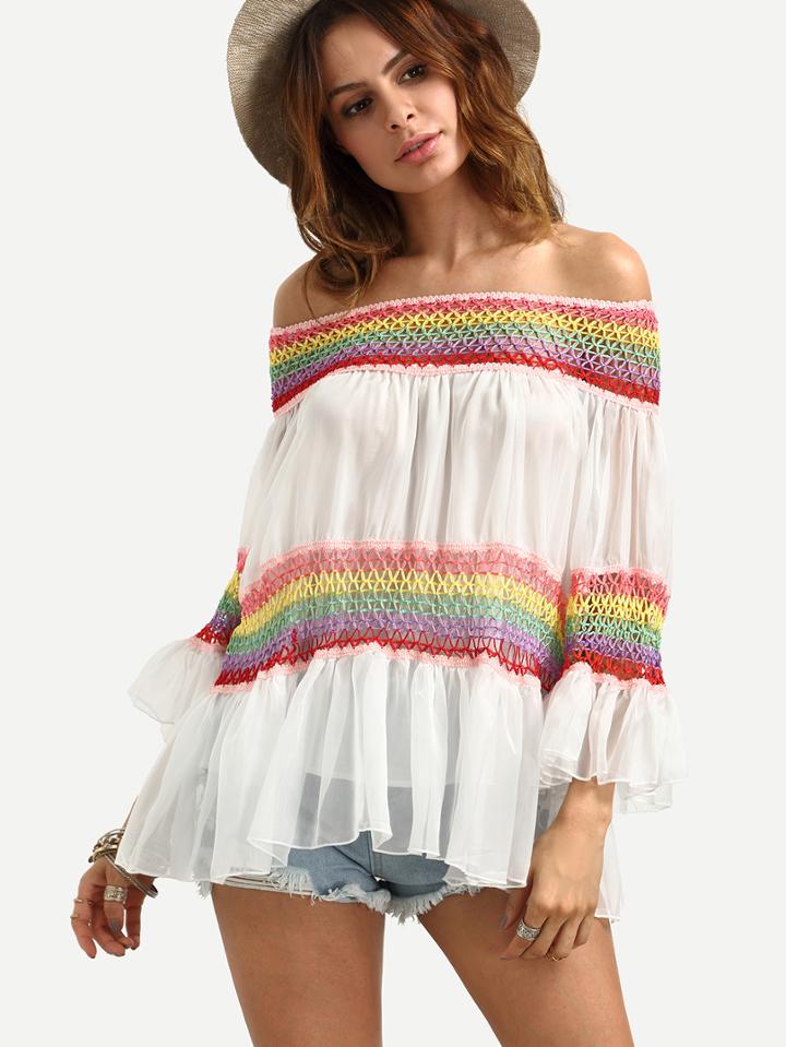 Shein White Off The Shoulder Rainbow Macrame Blouse