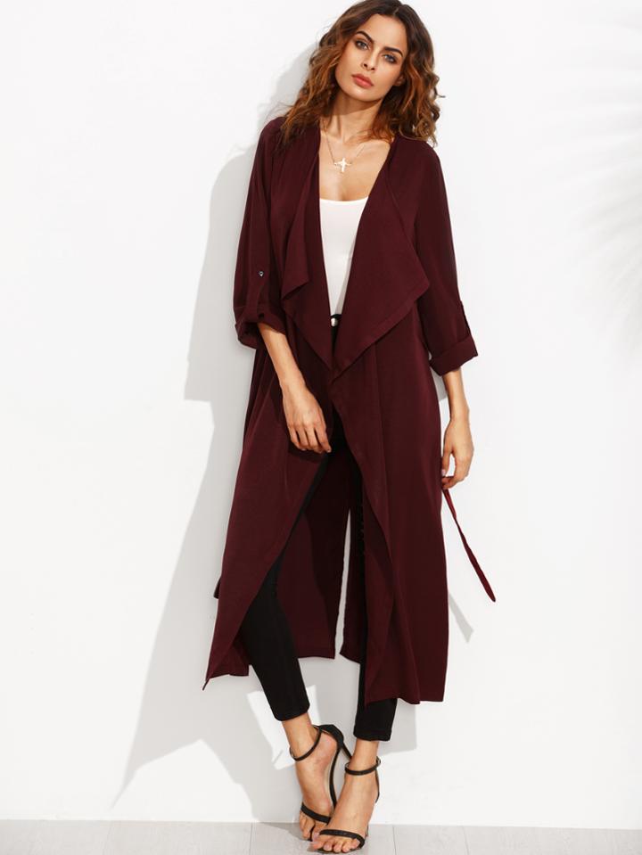 Shein Burgundy Lapel Rolled Up Sleeve Split Long Outerwear