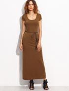 Shein Brown Scoop Neck Short Sleeve Long Dress