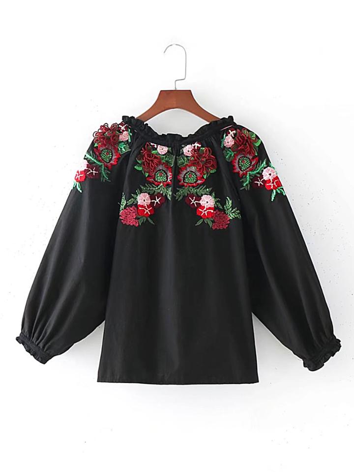 Shein Flower Embroidery Frill Trim Tie Back Top