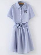 Shein Blue Lapel Badge Bow Stripe Dress