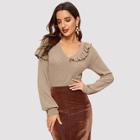 Shein V-neck Ruffle Trim Rib-knit Tee