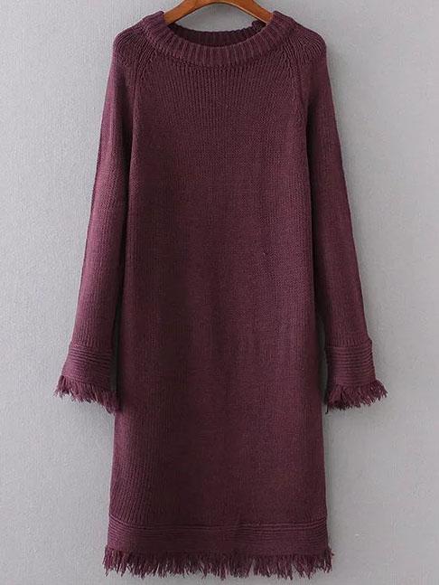Shein Purple Raglan Sleeve Fringe Trim Sweater Dress