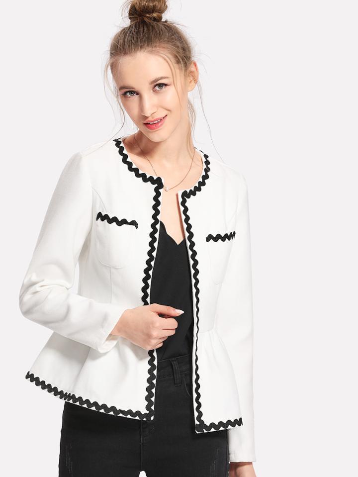 Shein Contrast Wave Lace Trim Open Front Peplum Blazer