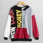 Shein Color Block Lettering Drawstring Hoodie