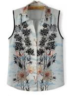 Rosewe Charming Turndown Collar Print Design Sleeveless Woman Shirt