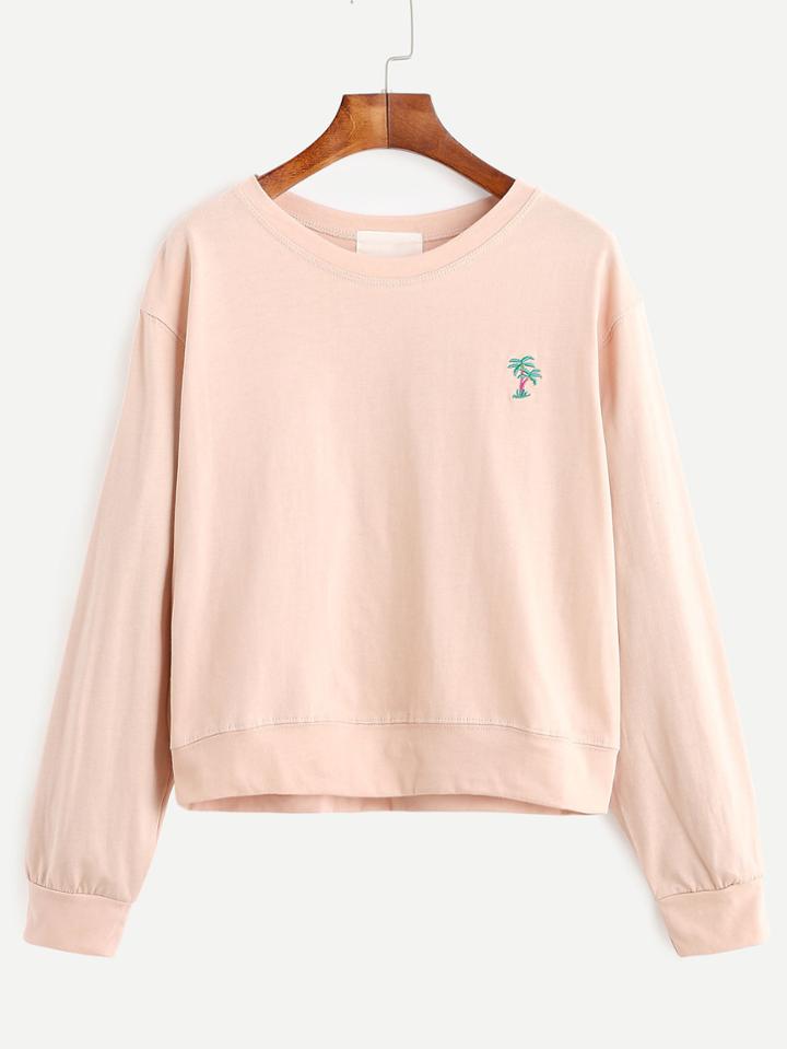 Shein Pink Coconut Trees And Slogan Embroidered Sweatshirt