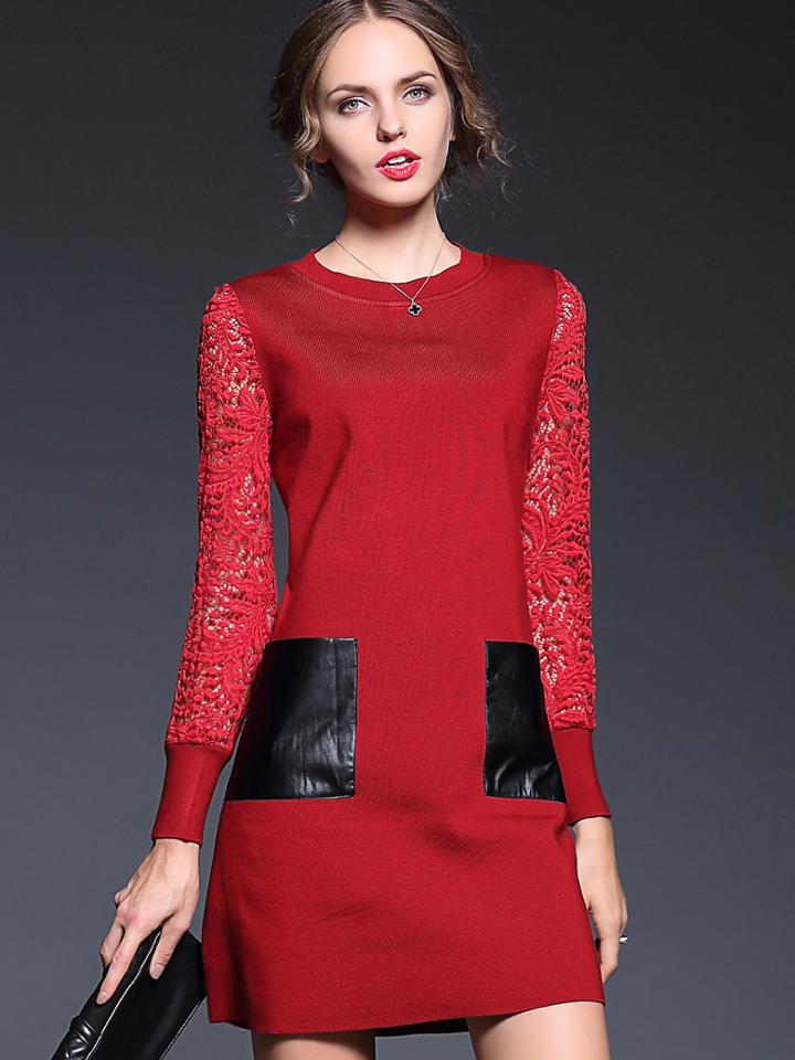 Shein Red Round Neck Long Sleeve Pockets Contrast Lace Dress