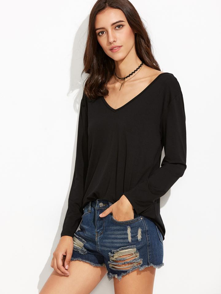 Shein Black V Neck Lattice Back T-shirt