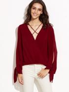 Shein Burgundy Crisscross Neck Tied Split Sleeve Wrap Blouse