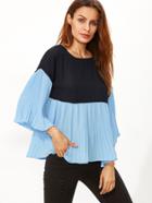 Shein Color Block Bell Sleeve Pleated Top