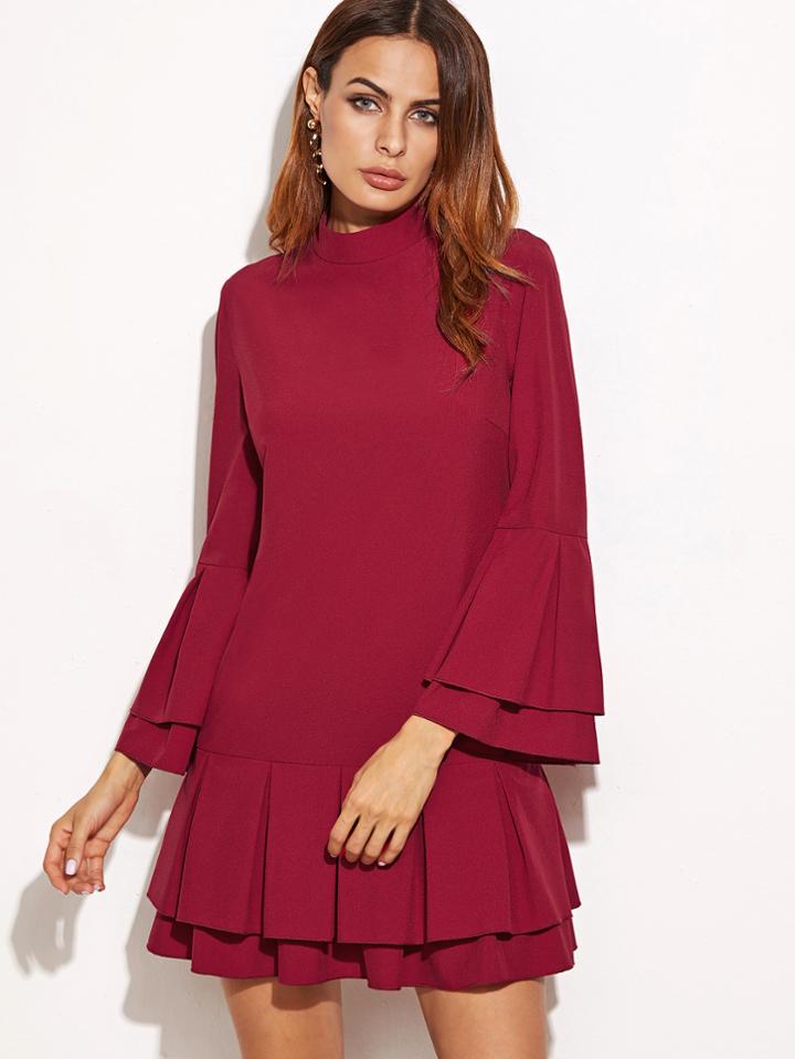 Shein Burgundy Layered Pleated Ruffle Sleeve And Hem Dress