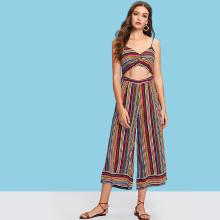 Shein Ruched Front Cutout Midriff Striped Cami Jumpsuit