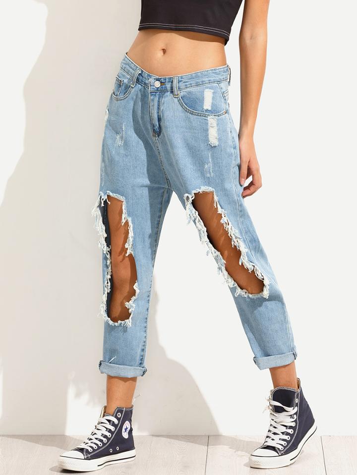 Shein Blue Distressed Raw Hem Boyfriend Jeans