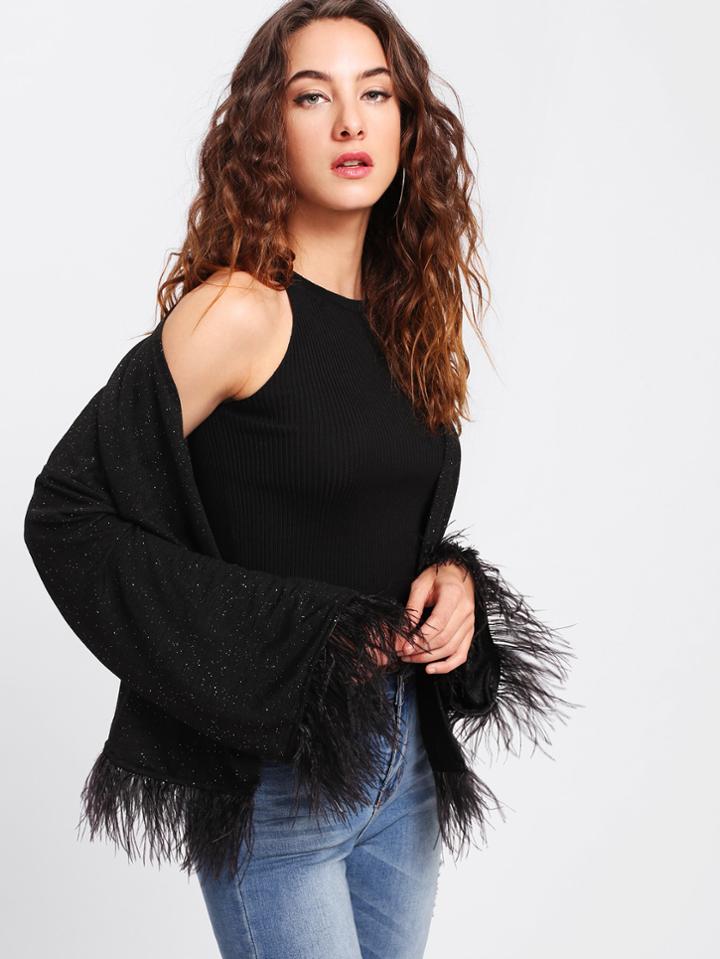 Shein Feather Trim Drop Shoulder Glitter Coat