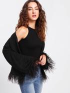 Shein Feather Trim Drop Shoulder Glitter Coat