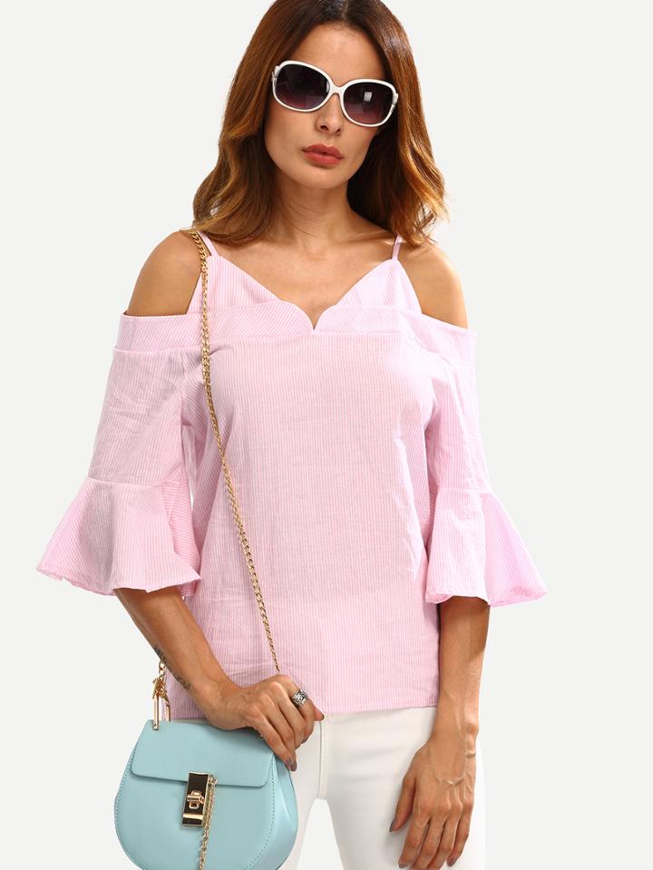 Shein Cold Shoulder Bell Sleeve Vertical Striped Top - Pink