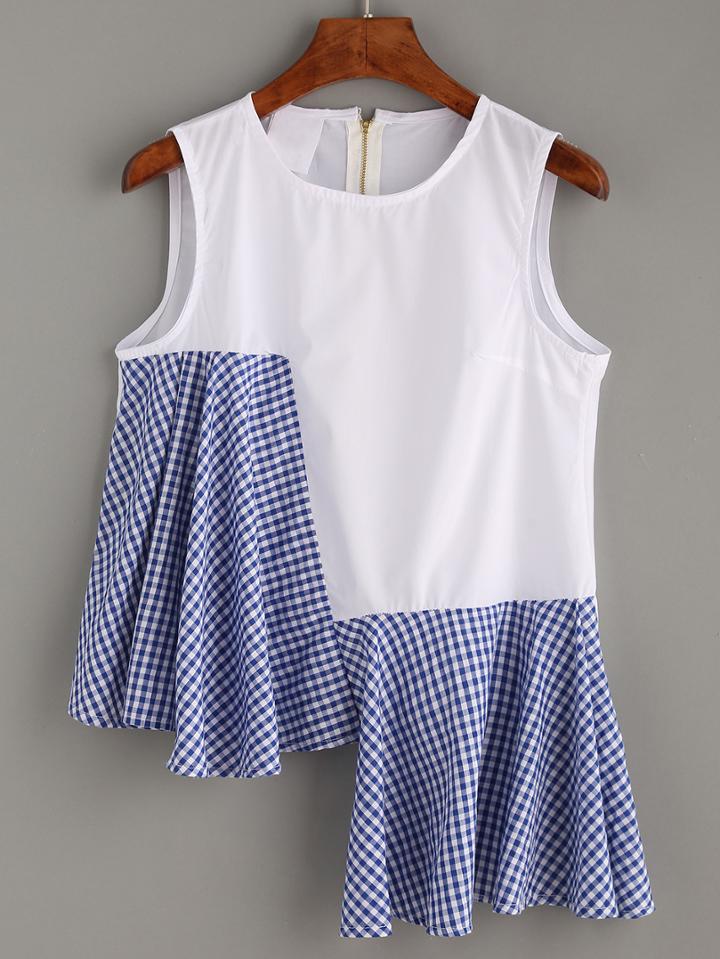 Shein Contrast Asymmetric Checkerboard Trim Sleeveless Blouse