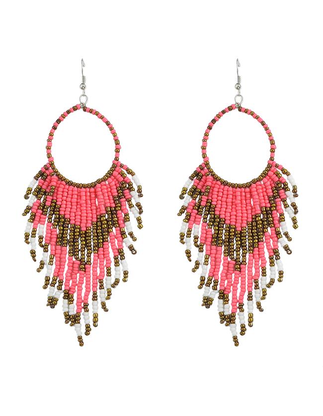 Shein Bohemian Design Pink Long Drop Small Beads Earrings