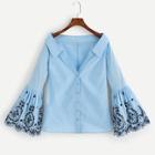 Shein Button Front Flower Embroidered Top