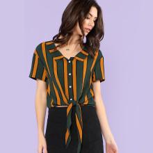 Shein Vertical Stripe Knot Hem Shirt