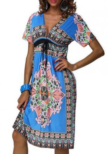 Rosewe Bohemian Plunging Neck Printed High Waist Dress