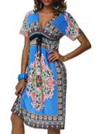 Rosewe Bohemian Plunging Neck Printed High Waist Dress