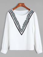 Shein White Embroidered Tape Detail Fringe Blouse