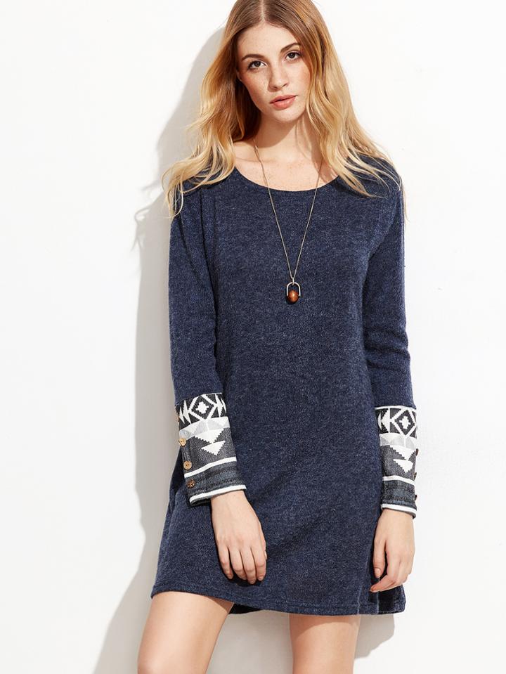 Shein Heather Navy Contrast Cuff Geometric Print Dress