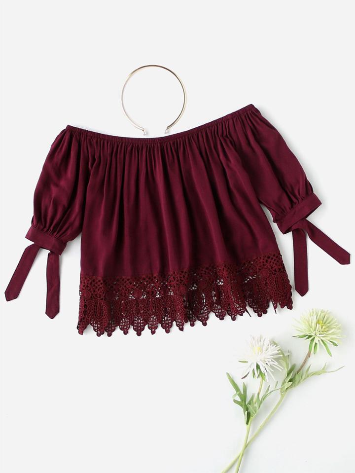 Shein Off Shoulder Knot Sleeve Lace Hem Top