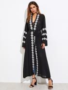 Shein Lace Crochet Placket And Sleeves Self Tie Abaya