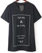Shein Black V Neck Short Sleeve Letters Print T-shirt
