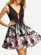 Shein Multicolor Sleeveless Flower Print Pleated Dress