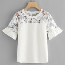 Shein Bird Print Fluted Sleeve Top