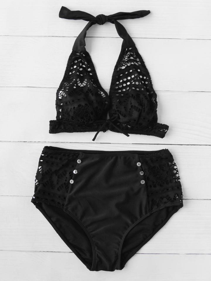 Shein Laser Cutting Halter High Waist Bikini Set