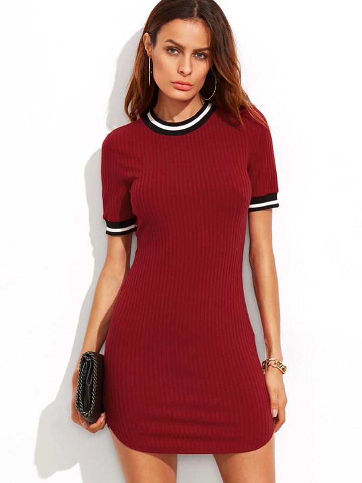 Shein Burgundy Striped Trim Ribbed Knit Bodycon Dress