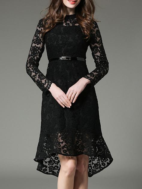 Shein Black Belted High Low Lace Dress