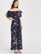 Shein Flounce Layered Neckline Butterfly Print Bow Tie Jumpsuit